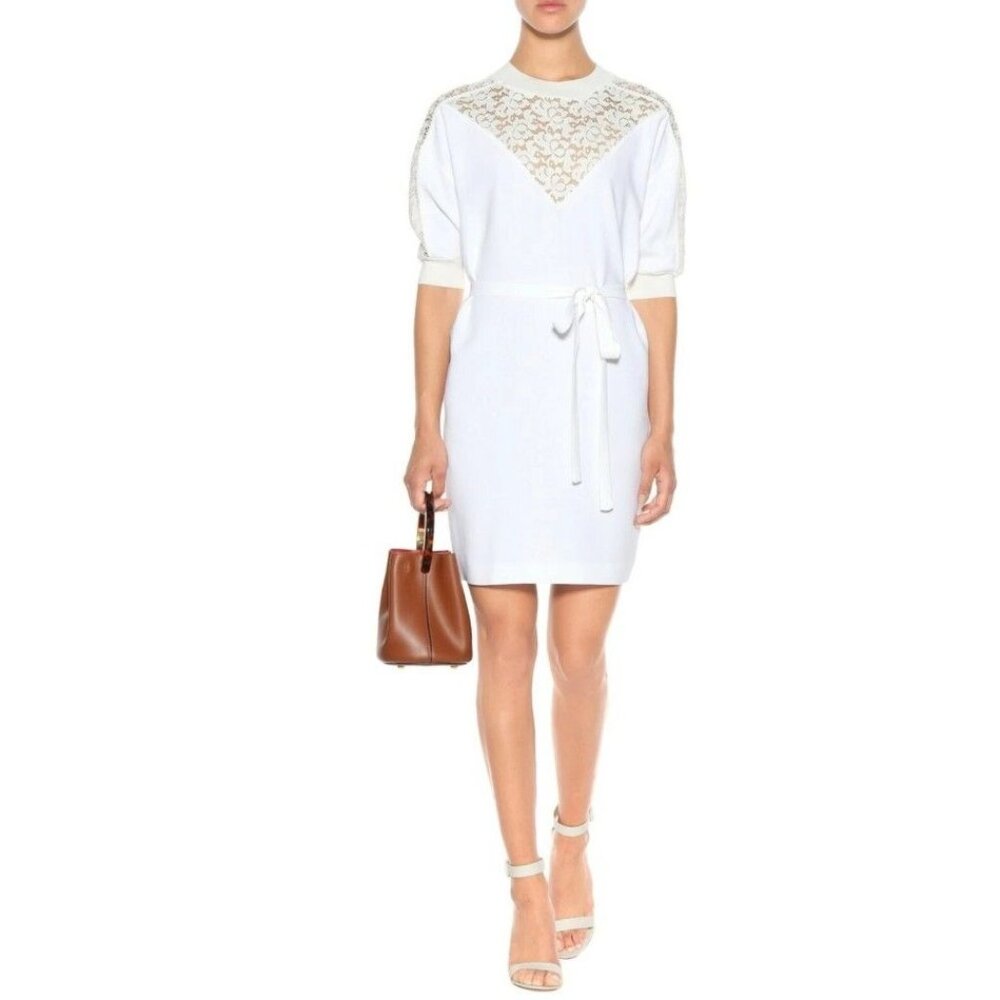 $1375 Stella McCartney Lace Paneled White Dress 1/2 Sleeve Belted EU 38 US 2 NWT